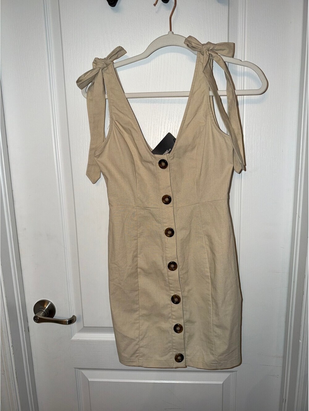 NWT PrettyLittleThing Stone Button Up Tie Strap Detail Shift Dress UK Size 6